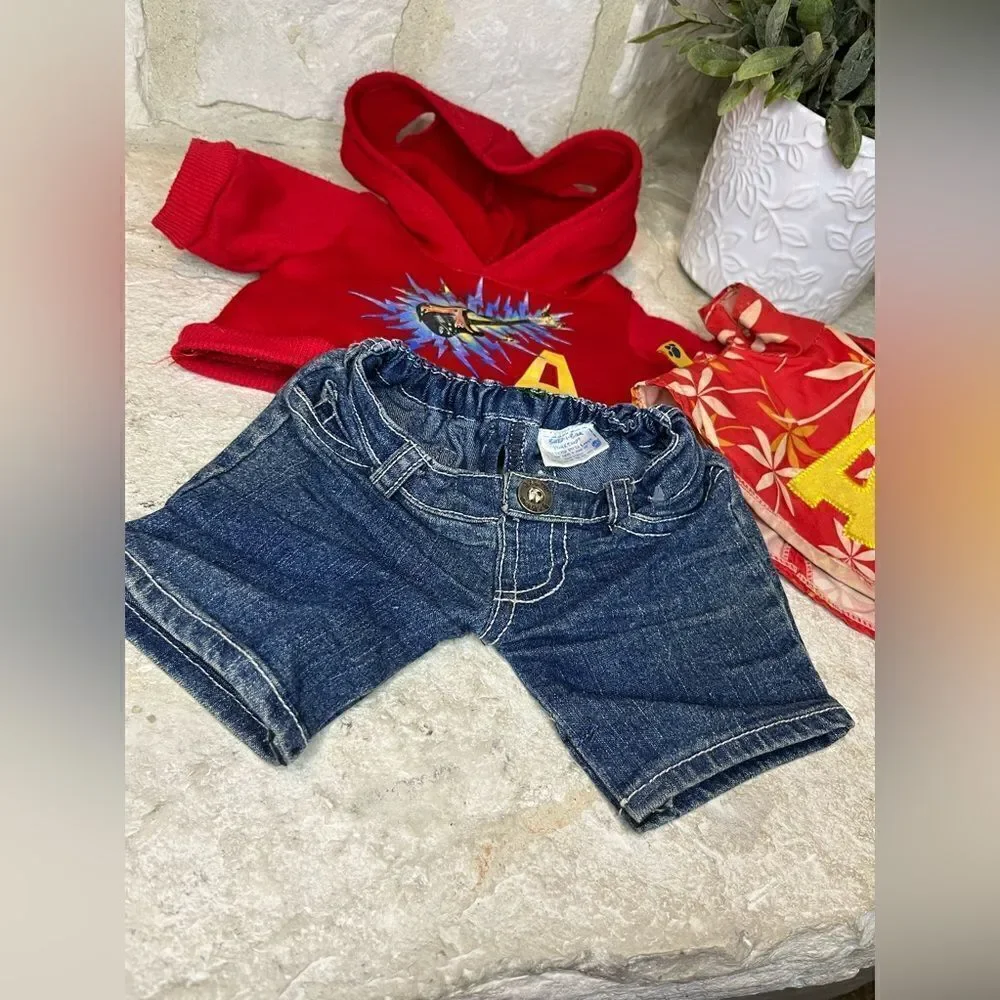 Build A Bear Alvin red hoodie/tee/denim shorts